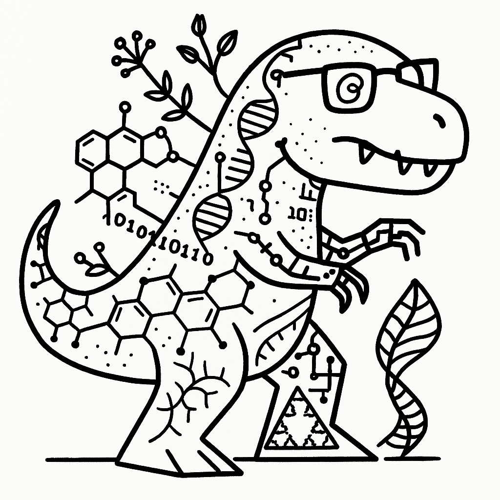 A dinosaur featuring chemistry molecular patterns representing its scales, a DNA double helix, and legs shaped like geometric figures. Binary code runs along its body. It wears glasses.